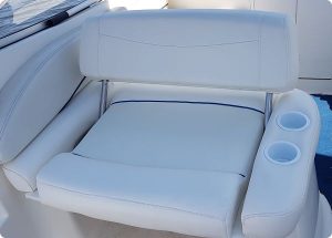 White Boat Seat Upholstery with Blue Piping